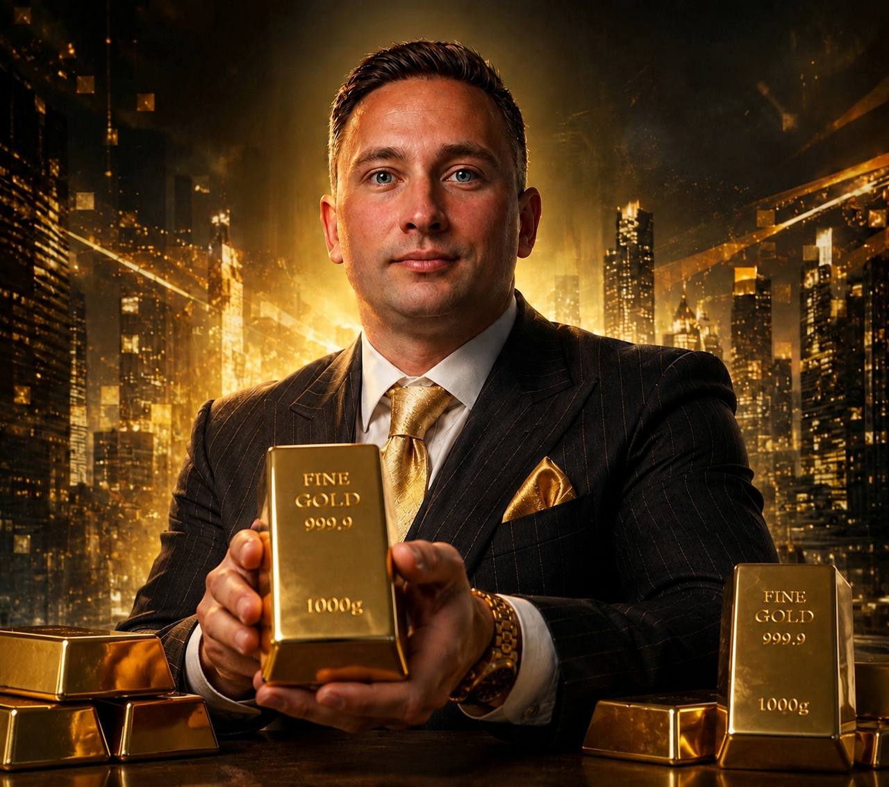 Goldhans hält einen 1000g Feingoldbarren — physisches Gold von TGI International